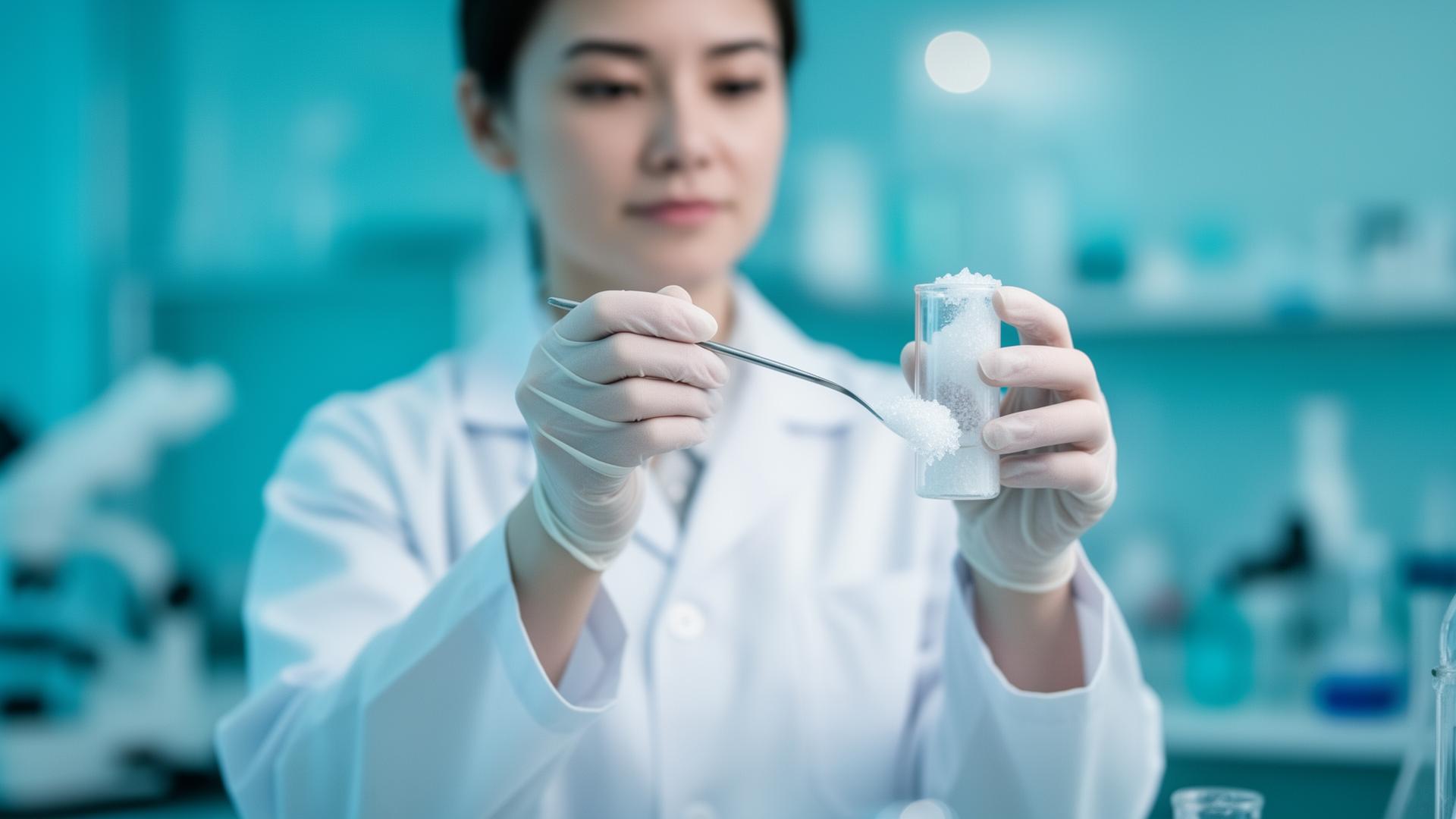 Pharmaceutical scientist examining a vial of crystalline raw material